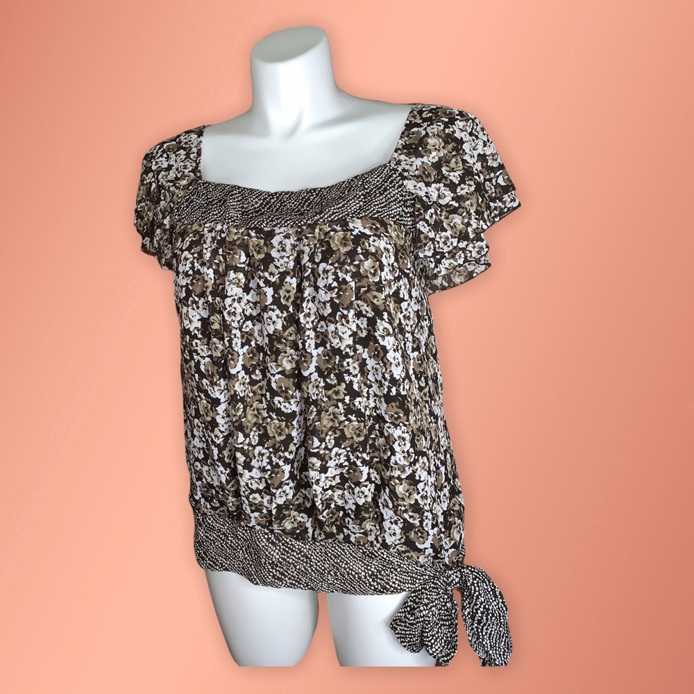 APT.9 Brown Floral Peasant Blouse Size L Tie Hem Boho Short Sleeve